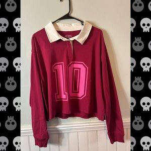 Mighty Fine Cropped Rugby Polo Shirt – Red Graphic Long Sleeve Top – Size 2X